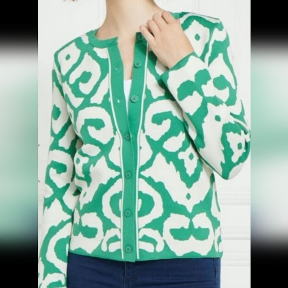 🔸️Gallery Green & Cream Print Lightweight Button Cardigan Medium
